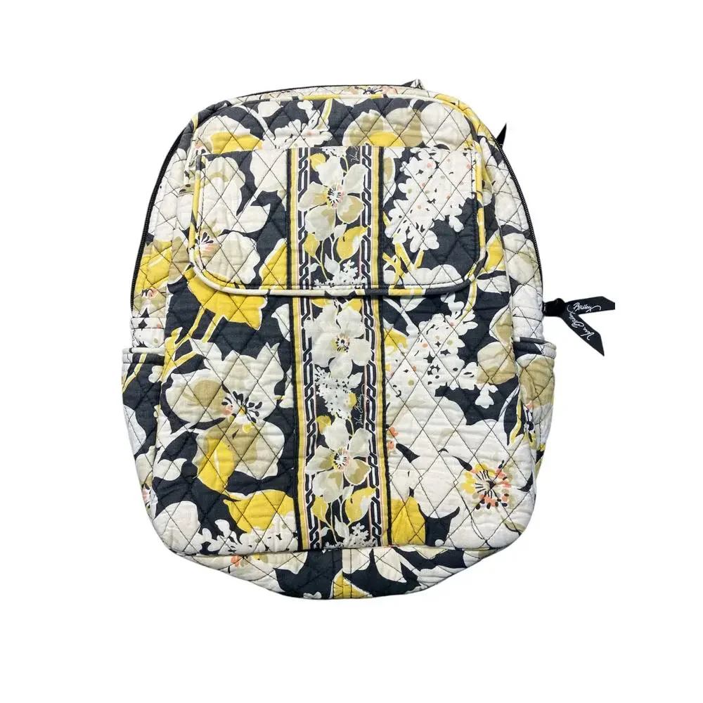 Vera Bradley Quilted Backpack Yellow Gray Floral Print Laptop School‎ Bag 15x11